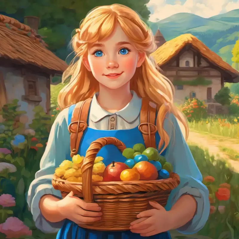 A young girl with rosy cheeks, golden hair, and bright blue eyes in her village, holding a basket of goodies