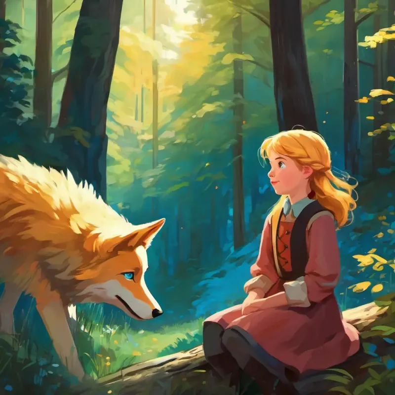A young girl with rosy cheeks, golden hair, and bright blue eyes talking to the cunning wolf in the forest