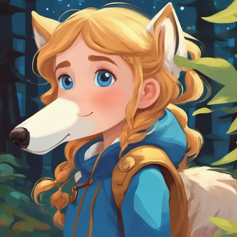 A young girl with rosy cheeks, golden hair, and bright blue eyes following the wolf's directions