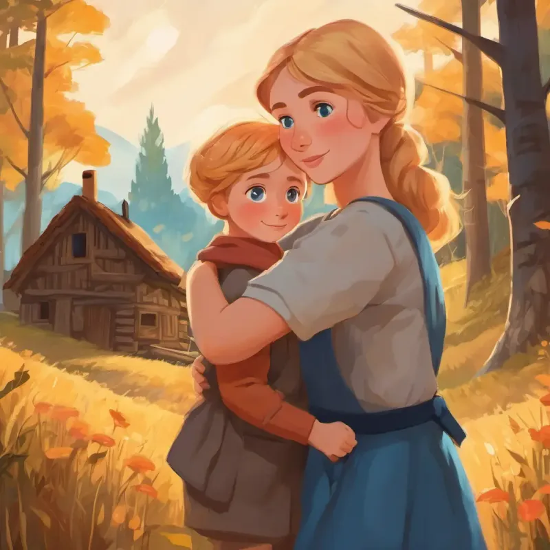 A young girl with rosy cheeks, golden hair, and bright blue eyes and her grandmother hugging, with the woodcutter nearby
