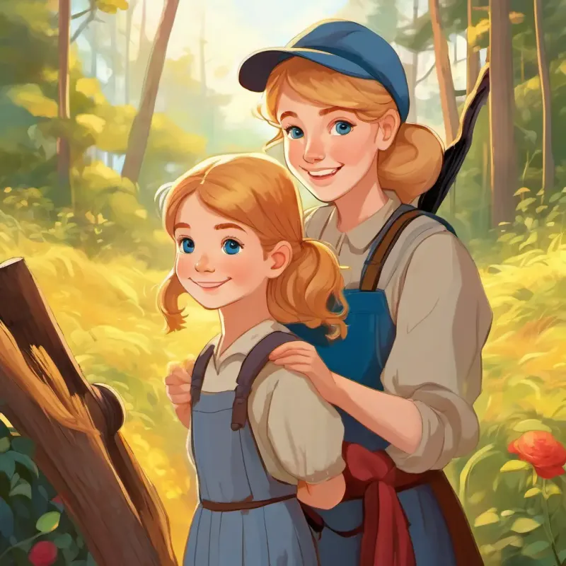 A young girl with rosy cheeks, golden hair, and bright blue eyes, her grandmother, and the woodcutter together, smiling