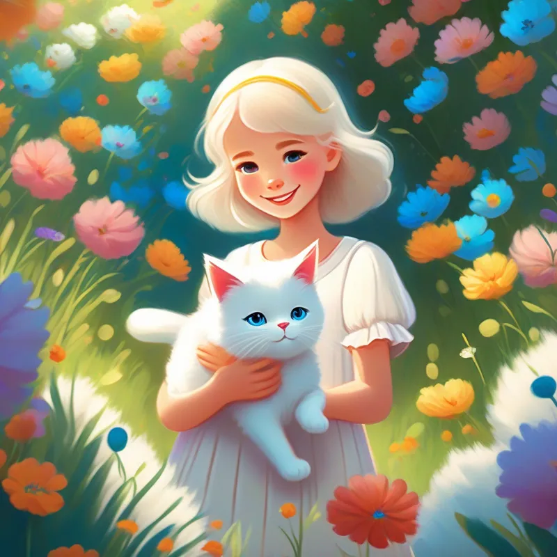 A good girl with a kind smile and a pretty dress. and A fluffy white cat with bright blue eyes. playing outside with colorful flowers.