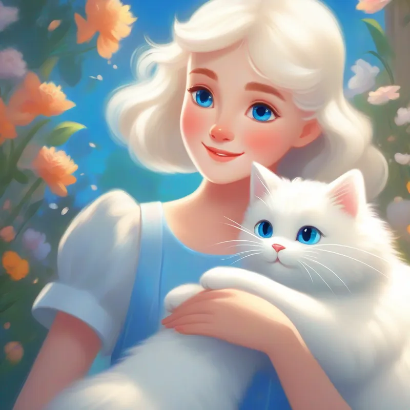 A good girl with a kind smile and a pretty dress. and A fluffy white cat with bright blue eyes. inside, brushing and cuddling together.