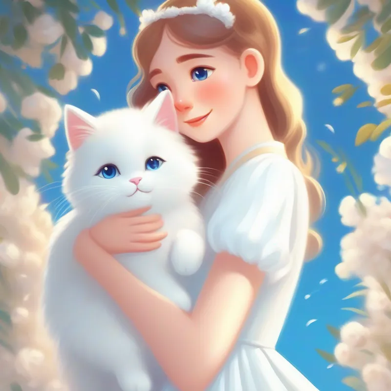 A good girl with a kind smile and a pretty dress. crying with A fluffy white cat with bright blue eyes. comforting her with a gentle purr.