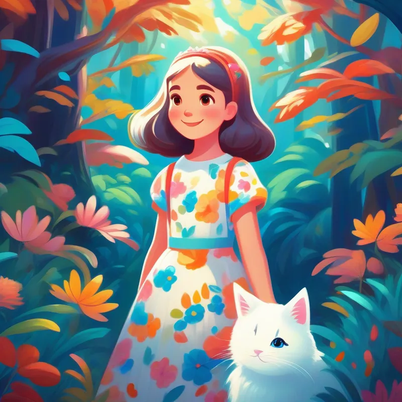 A good girl with a kind smile and a pretty dress. and A fluffy white cat with bright blue eyes. holding hands, exploring a colorful forest.