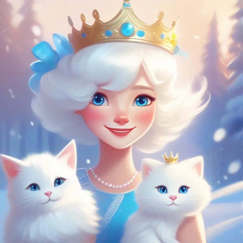 A good girl with a kind smile and a pretty dress. and A fluffy white cat with bright blue eyes. celebrating with a shiny crown on Snowball's head.