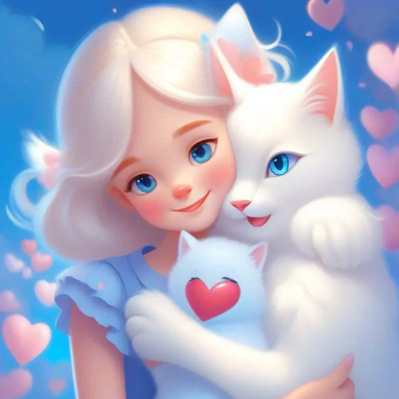 A good girl with a kind smile and a pretty dress. and A fluffy white cat with bright blue eyes. hugging with hearts floating around them.