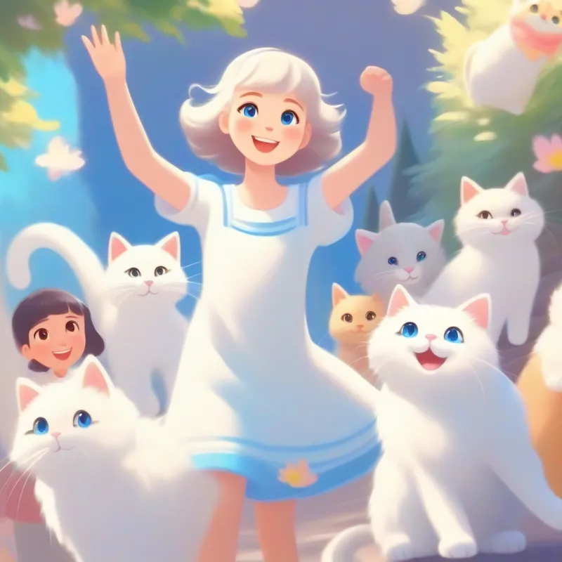 A good girl with a kind smile and a pretty dress., A fluffy white cat with bright blue eyes., and their friends waving goodbye with smiles.
