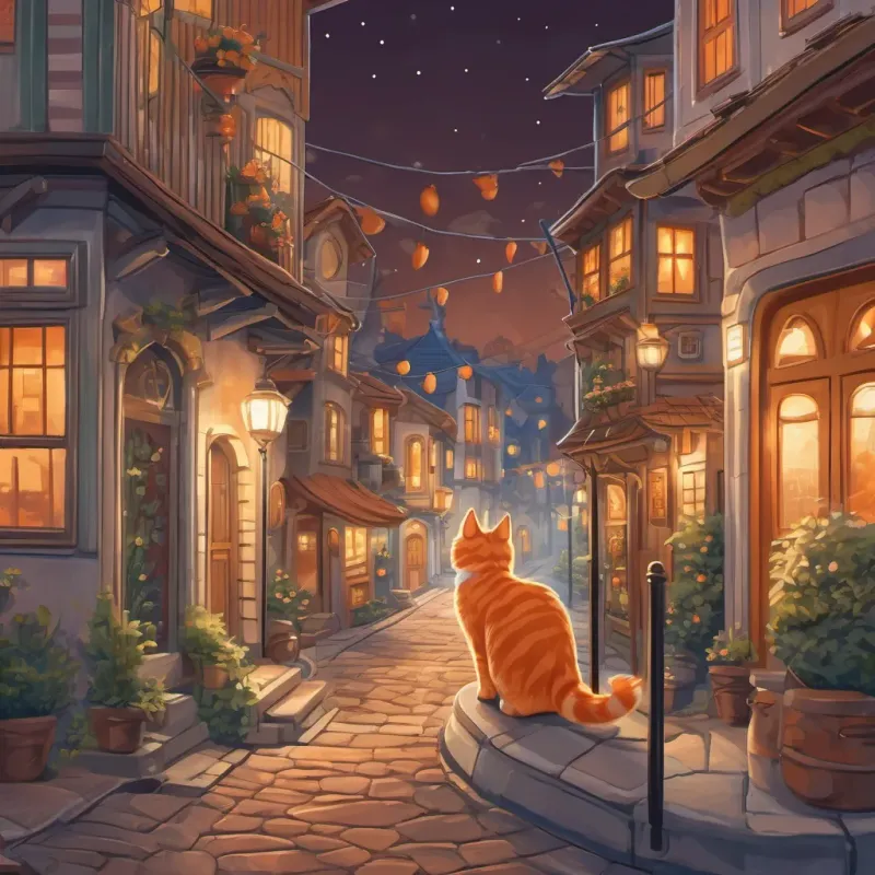 An orange-striped cat with a mask sneaks through a quaint and whimsical moonlit town.