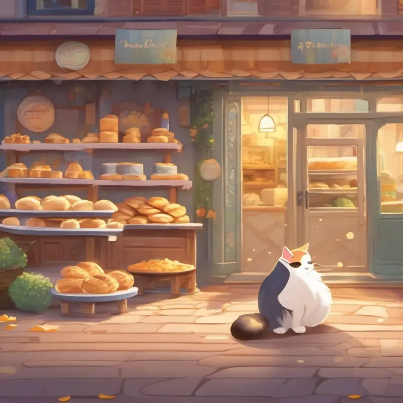 A masked cat tiptoeing past a bakery with cheese and snack crumbs scattered on the floor.