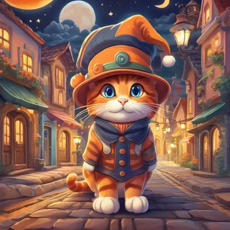 The A clever orange-striped cat with a mask and hat, sneaking through a whimsical town under moonlight now spreading happiness and joy in the whimsical town under the bright moon.
