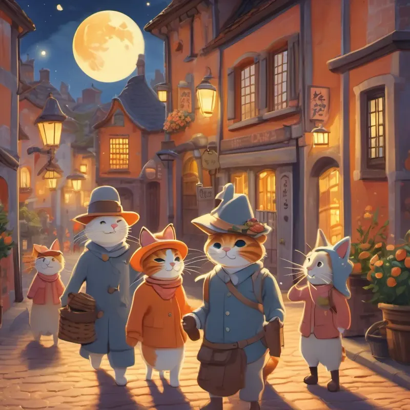 Cheerful townsfolk celebrating and sharing tales of the A clever orange-striped cat with a mask and hat, sneaking through a whimsical town under moonlight, bringing happiness to everyone.