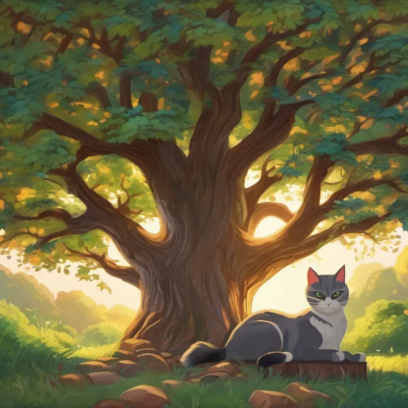 The masked cat relaxing under a large oak tree, preparing for his nighttime escapades.