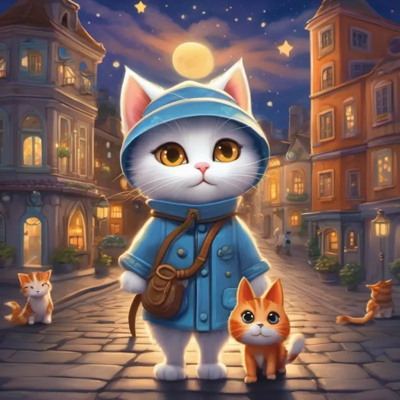A puzzled-looking white kitten in the dark, under a star-studded sky, with the A clever orange-striped cat with a mask and hat, sneaking through a whimsical town under moonlight watching.