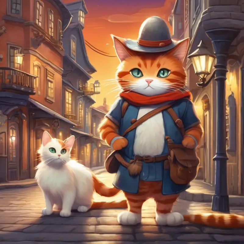 The A clever orange-striped cat with a mask and hat, sneaking through a whimsical town under moonlight comforting a small white kitten on a dark street.