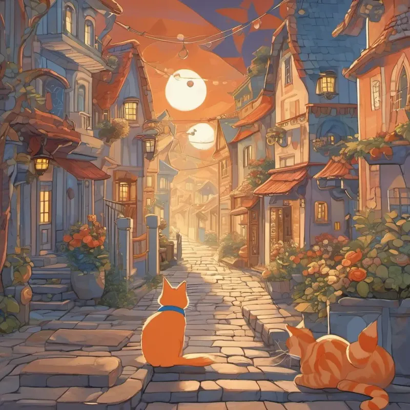 The A clever orange-striped cat with a mask and hat, sneaking through a whimsical town under moonlight and kitten A small, lost white kitten with big blue eyes, looking for a home wandering through the foggy, whimsical town at night, tapping on doorsteps.