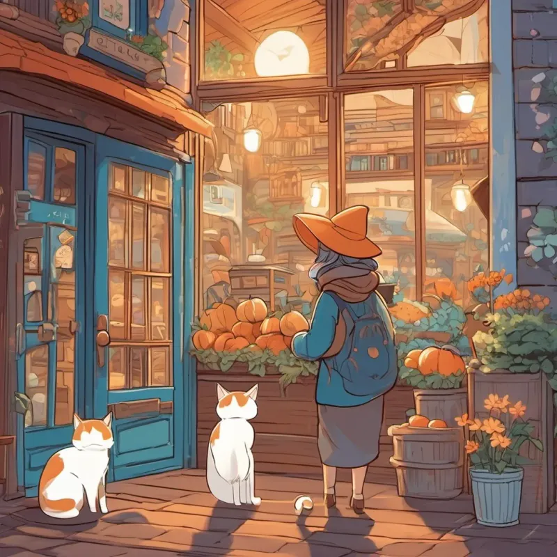 A kindly older cat who owns a cozy shop filled with warm milk and blankets welcoming the A clever orange-striped cat with a mask and hat, sneaking through a whimsical town under moonlight and kitten A small, lost white kitten with big blue eyes, looking for a home into her cozy shop with warm milk and blankets.