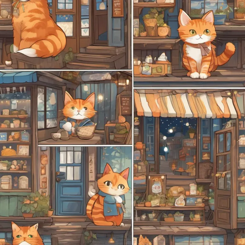 A kindly older cat who owns a cozy shop filled with warm milk and blankets, the A clever orange-striped cat with a mask and hat, sneaking through a whimsical town under moonlight, and A small, lost white kitten with big blue eyes, looking for a home planning their next moves inside the cozy shop, plotting cheerfully.