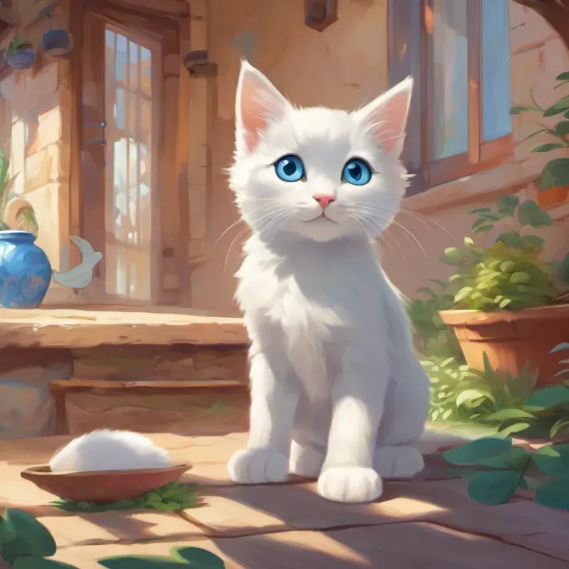 A heartwarming reunion with A small, lost white kitten with big blue eyes, looking for a home and her family in a sunny, cheerful morning.