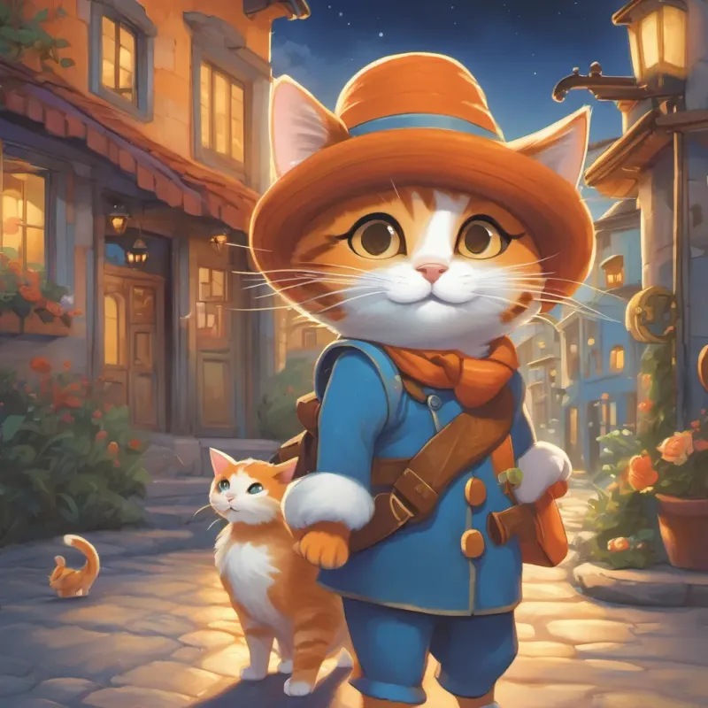 The A clever orange-striped cat with a mask and hat, sneaking through a whimsical town under moonlight smiling warmly as he watches A small, lost white kitten with big blue eyes, looking for a home reunite with her family under the bright morning sun.