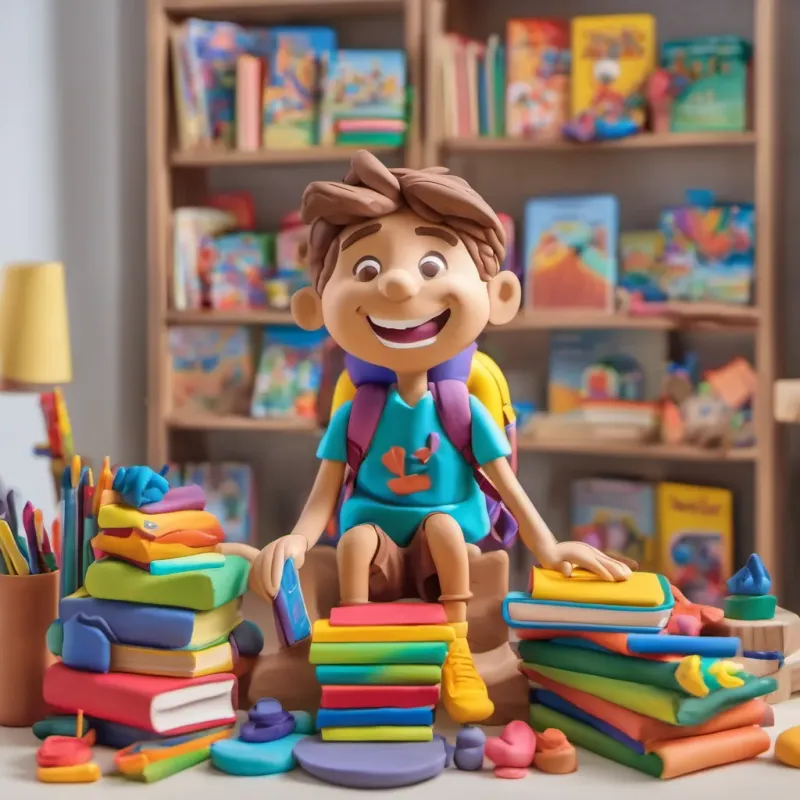 A young boy with a big smile waking up, his room filled with colorful books, crayons, and a school bag ready for the day.