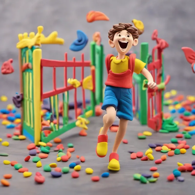 A joyful boy running through the school gates, brightly colored and full of excitement.