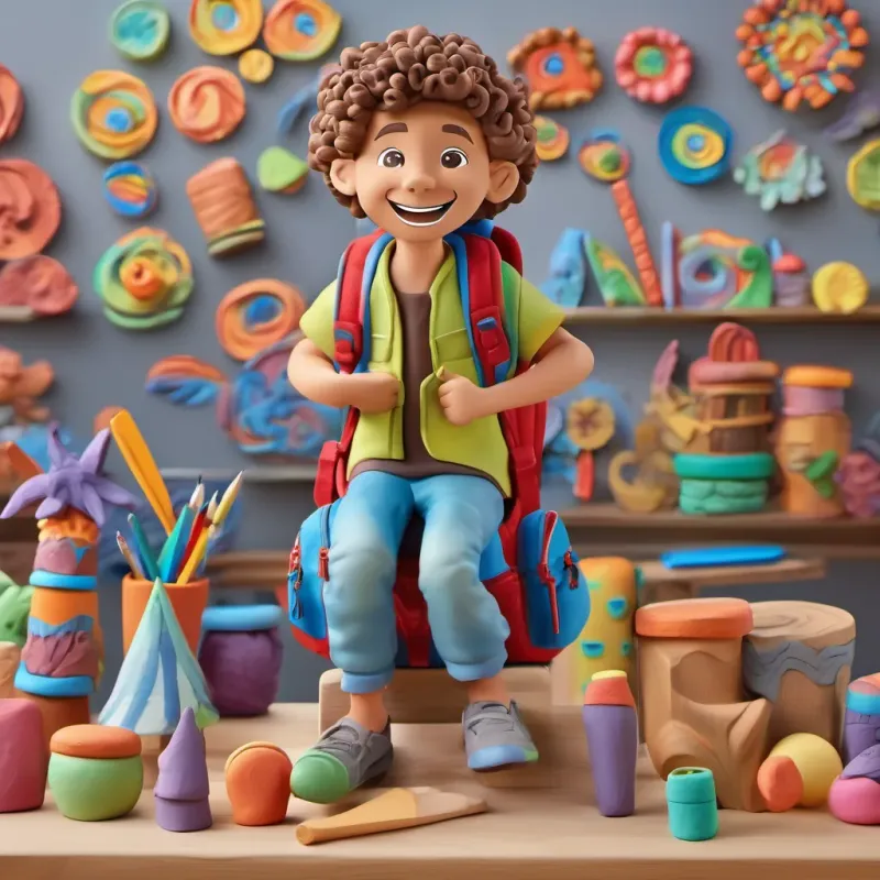A cheerful young boy with curly brown hair, wearing a bright backpack, and a big smile, ready for school playing imaginary drums with a huge grin on his face, the background filled with cheerful scenes from the school.