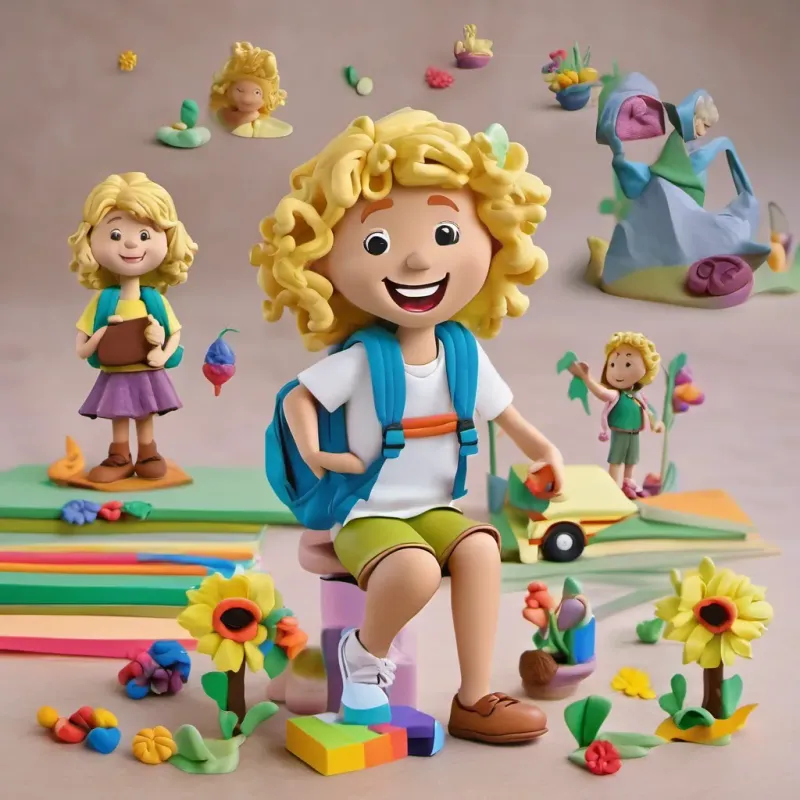 A collage of images showing A cheerful young boy with curly brown hair, wearing a bright backpack, and a big smile, ready for school and A shy girl with straight blonde hair, wearing a simple dress, who smiles brightly when she finds a friend having fun and enjoying various school activities, ending with them smiling together.