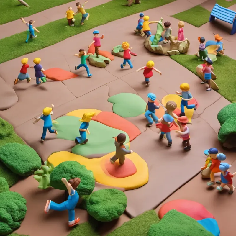 Children playing tag in a colorful schoolyard under a bright, sunny sky.