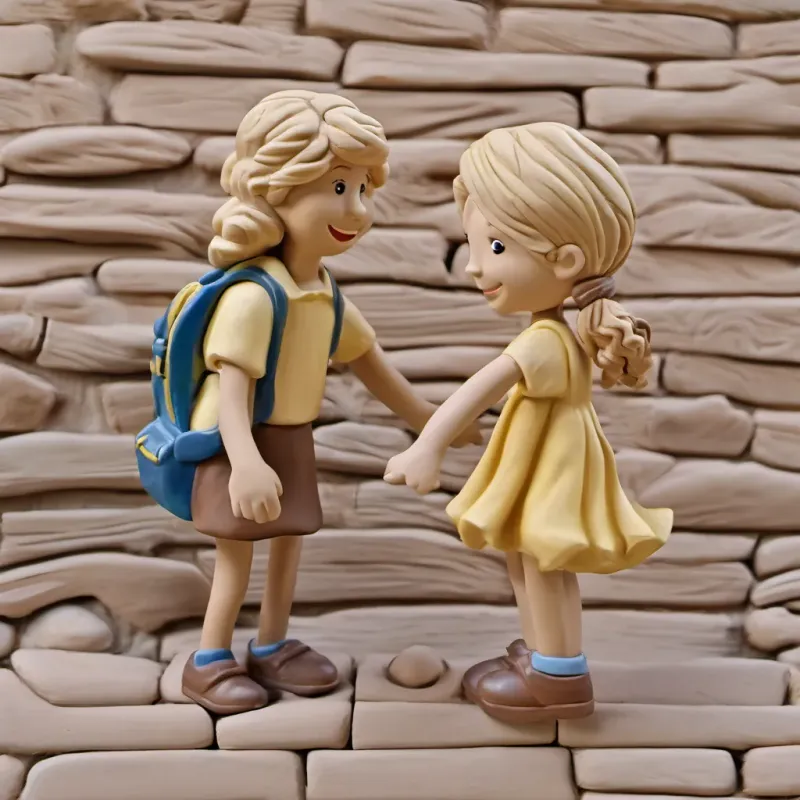 A young girl named A shy girl with straight blonde hair, wearing a simple dress, who smiles brightly when she finds a friend standing alone, while A cheerful young boy with curly brown hair, wearing a bright backpack, and a big smile, ready for school happily runs towards her in the schoolyard.