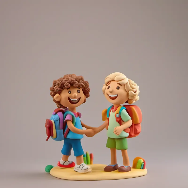A cheerful young boy with curly brown hair, wearing a bright backpack, and a big smile, ready for school and A shy girl with straight blonde hair, wearing a simple dress, who smiles brightly when she finds a friend smiling and having fun together, spinning around with joy.