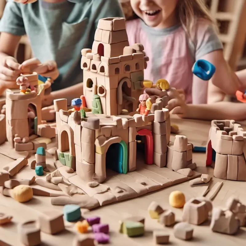 Children constructing an imaginative fort with building blocks, laughing and cheering in their creations.