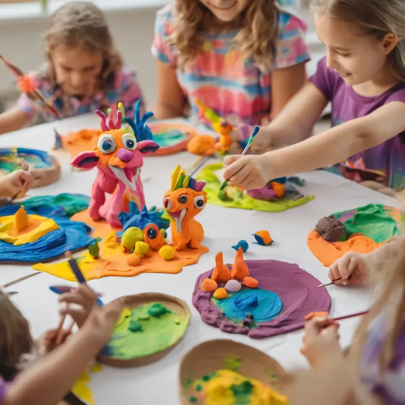 Kids in an art class enthusiastically painting with bright colors, their paintings featuring imaginative creatures.