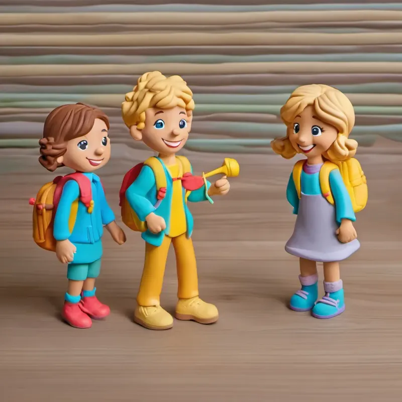 A school bell ringing as children pack up their things, A cheerful young boy with curly brown hair, wearing a bright backpack, and a big smile, ready for school and A shy girl with straight blonde hair, wearing a simple dress, who smiles brightly when she finds a friend walking together with happy expressions.