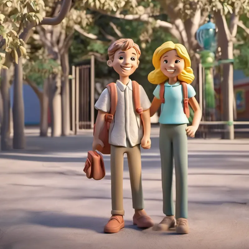 A cheerful young boy with curly brown hair, wearing a bright backpack, and a big smile, ready for school and A shy girl with straight blonde hair, wearing a simple dress, who smiles brightly when she finds a friend hugging and waving goodbye to each other outside the school gates, under a setting sun.