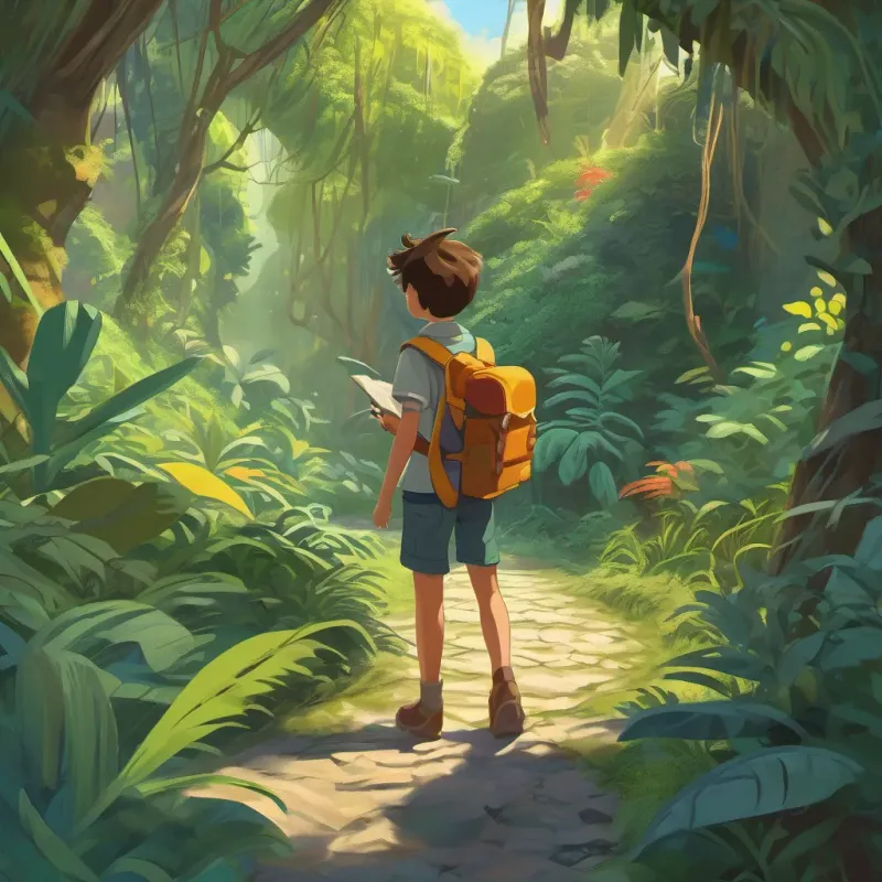 A twisting jungle path with A curious boy with messy hair, a backpack, exploring the jungle with curiosity and A brave girl with short hair, holding a map, navigating the jungle with confidence navigating through thick, prickly bushes but looking excited and determined.