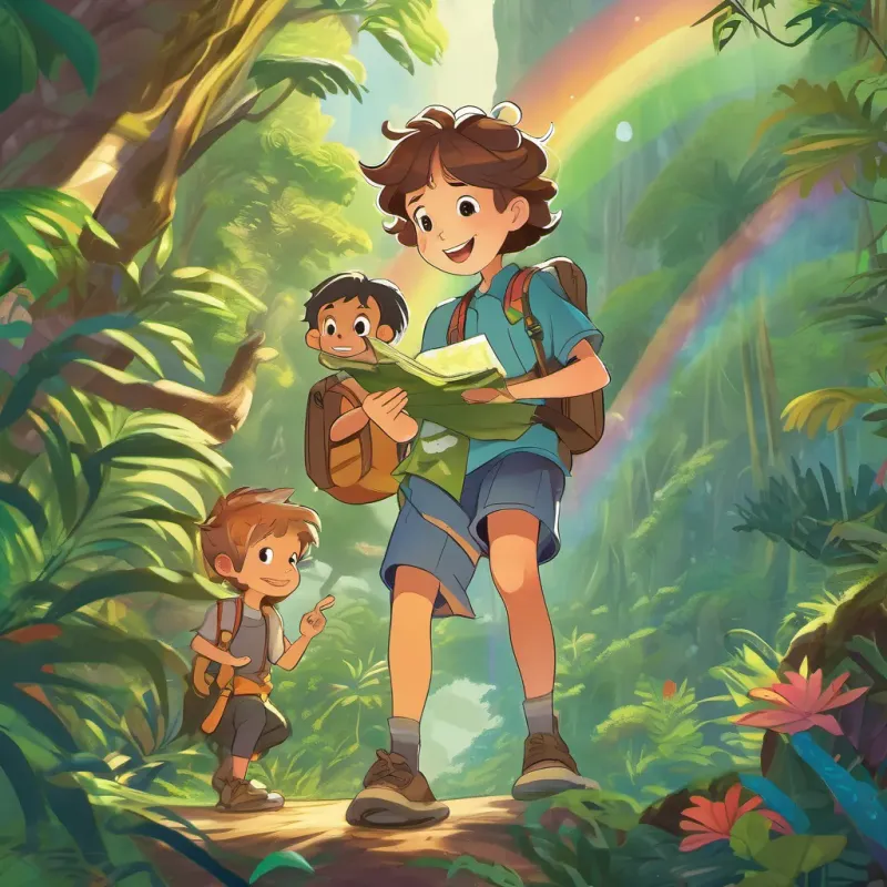 An illustration of A curious boy with messy hair, a backpack, exploring the jungle with curiosity and A brave girl with short hair, holding a map, navigating the jungle with confidence under a rainbow, depicting kindness and courage, with lush jungle surroundings in the background.