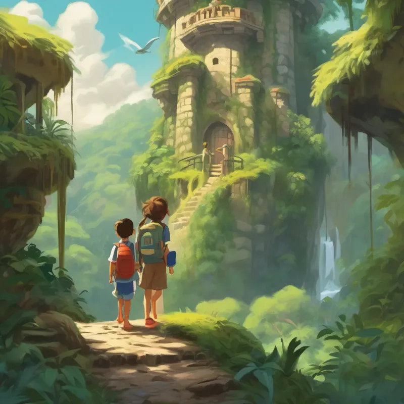 A princess in a tall castle tower waves warmly at A curious boy with messy hair, a backpack, exploring the jungle with curiosity and A brave girl with short hair, holding a map, navigating the jungle with confidence who are climbing up with determination.