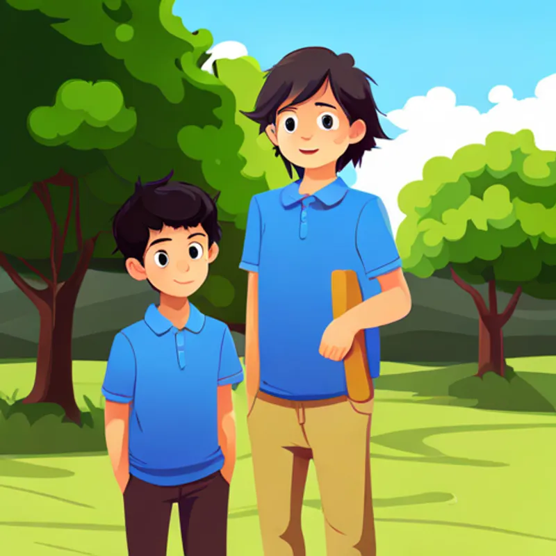 Light-skinned boy with dark hair, wearing a blue shirt. and his brother in a sunny Texas town