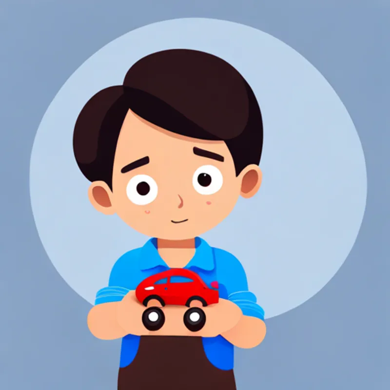 Light-skinned boy with dark hair, wearing a blue shirt. looking guilty, holding the broken toy car