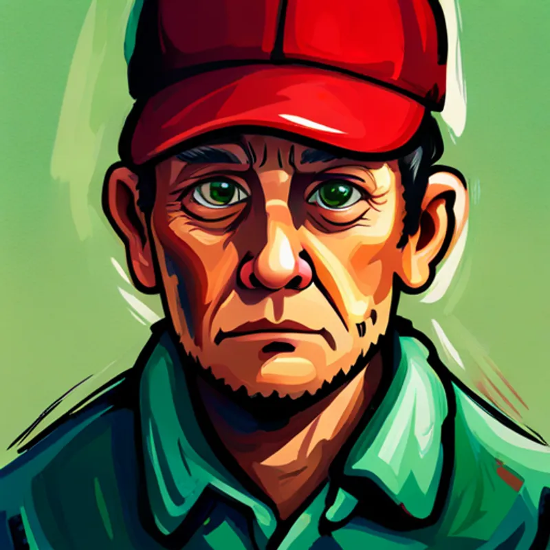 Green-eyed older brother with brown hair, wearing a red cap. holding his broken toy car with a sad expression