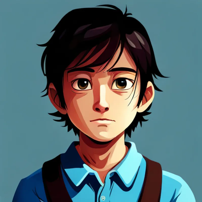 Light-skinned boy with dark hair, wearing a blue shirt. with a determined face, ready to make things right