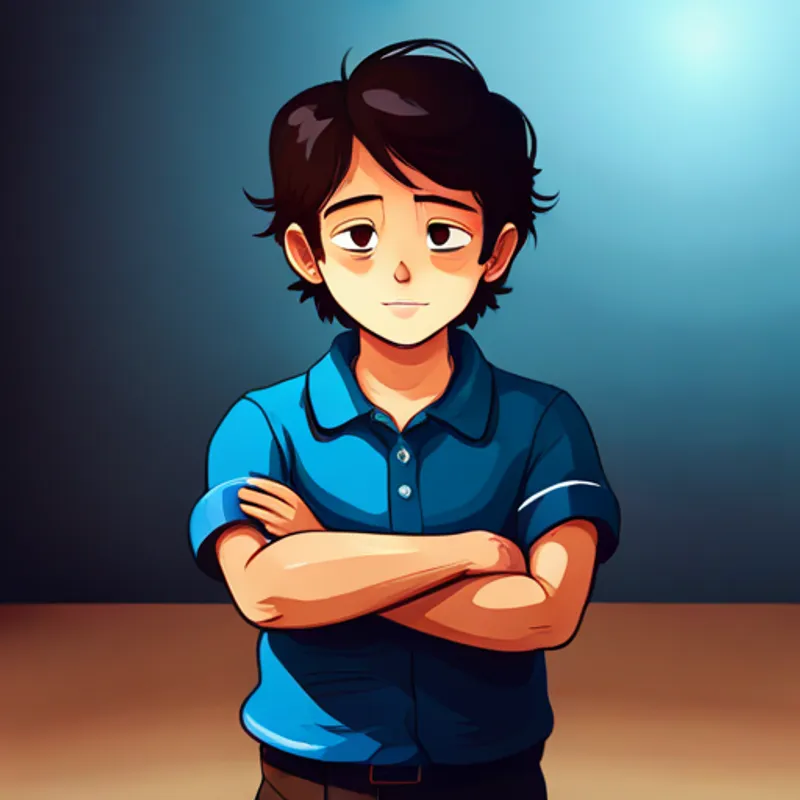Light-skinned boy with dark hair, wearing a blue shirt. saying sorry with a sincere expression