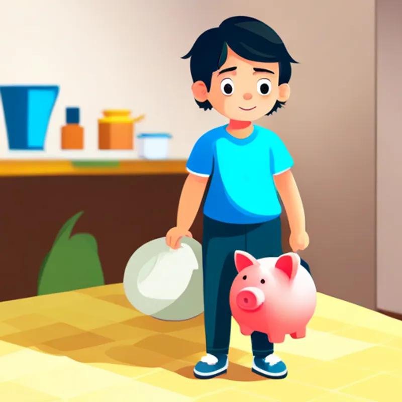 Light-skinned boy with dark hair, wearing a blue shirt. doing chores and saving money in a piggy bank