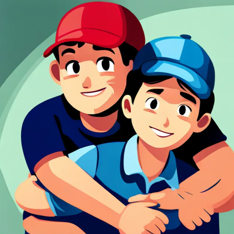 Green-eyed older brother with brown hair, wearing a red cap. smiling and hugging Light-skinned boy with dark hair, wearing a blue shirt. with the new toy car