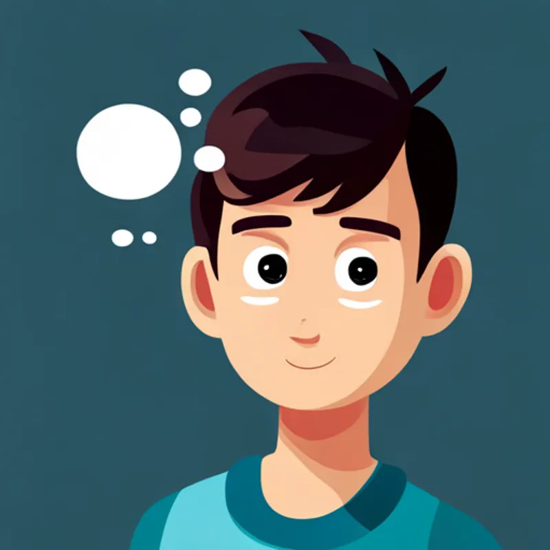Light-skinned boy with dark hair, wearing a blue shirt. thinking with a thinking bubble above his head