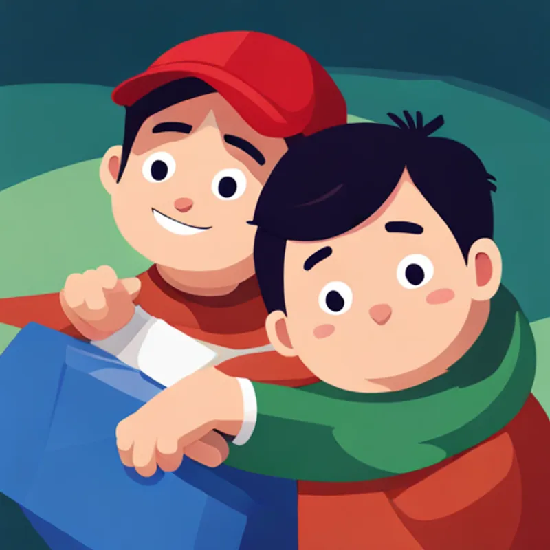 Light-skinned boy with dark hair, wearing a blue shirt. and Green-eyed older brother with brown hair, wearing a red cap. playing together with smiles on their faces
