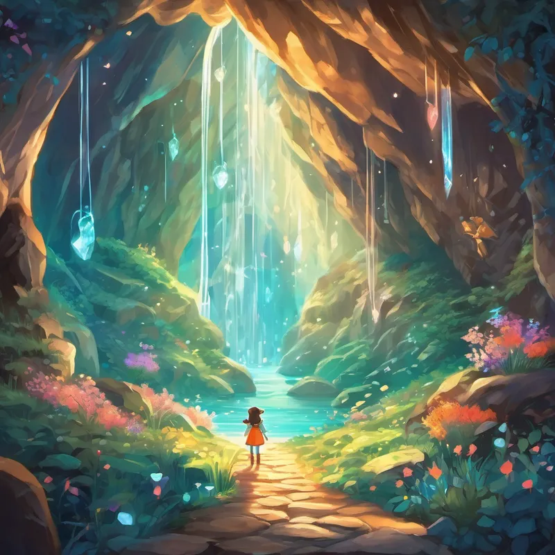 With gratitude in her heart, Emily thanked the owl and followed its instructions. She continued her journey and eventually found herself standing in front of a magnificent cave. The entrance was covered in shimmering crystals that sparkled in the sunlight. Taking a deep breath, Emily stepped inside the Crystal Cave. It was awash with colorful lights and magical energy. As she looked around, she noticed that the cave was filled with strange and fascinating creatures. There were talking animals, mischievous fairies, and even a friendly dragon!