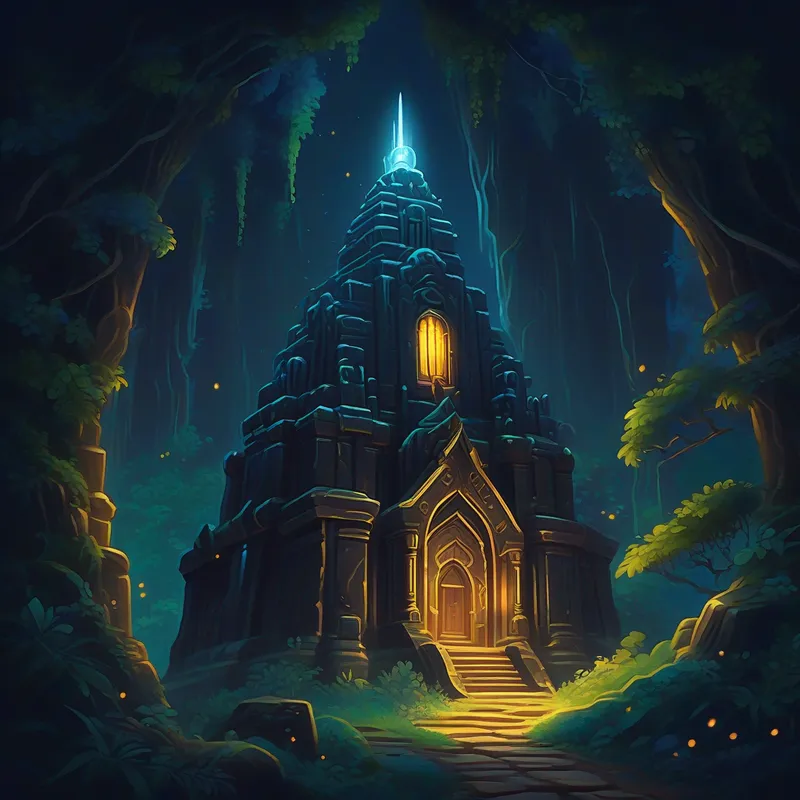 A dark temple with a shining treasure map and mysterious sounds
