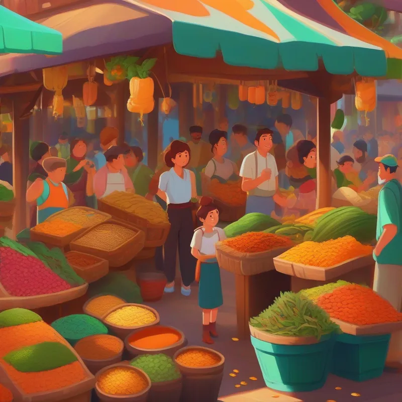 A vibrant market with spices, food, and friendly faces